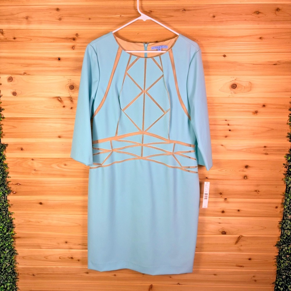 NEW Antonio Melani Dress Womens 14 Rivera Blue Lulu Geometric Knee-Length Dress